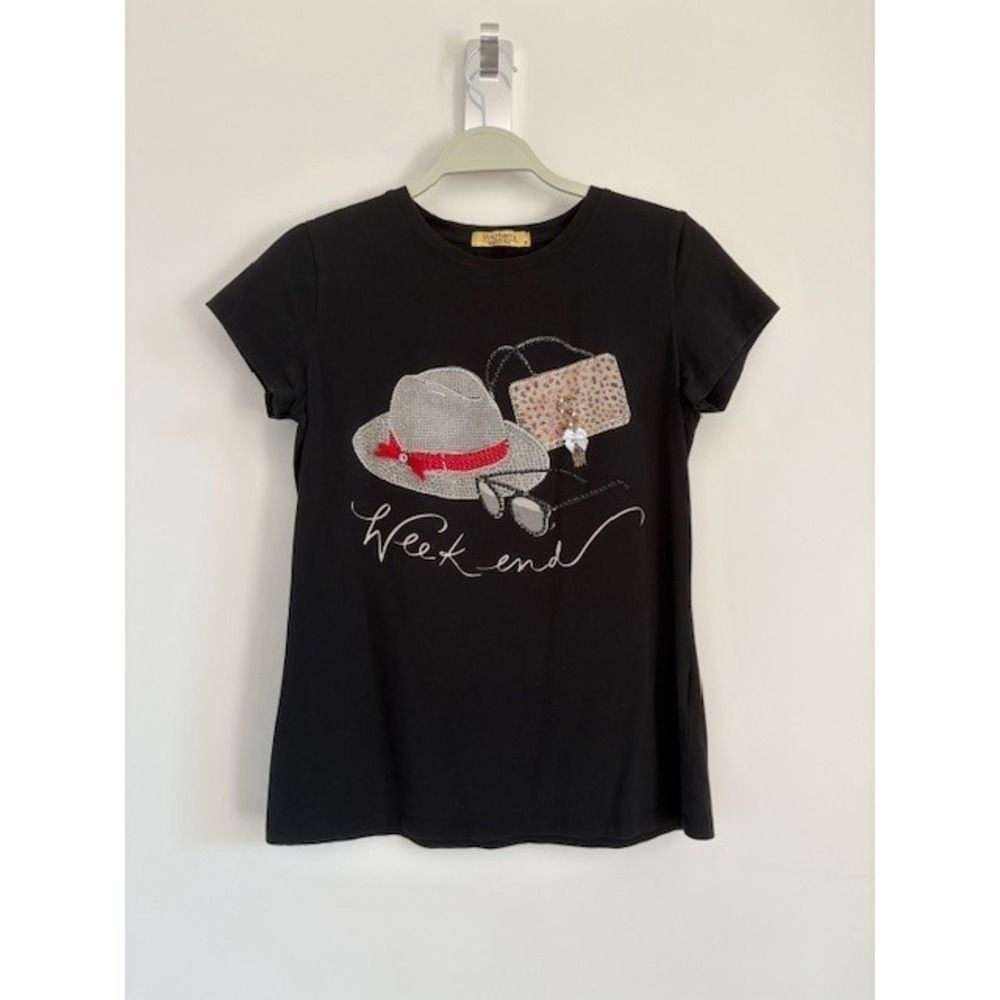 Vinizbena Womens Black Weekend Rhinestone Sequin Graphic T-Shirt Medium Italy